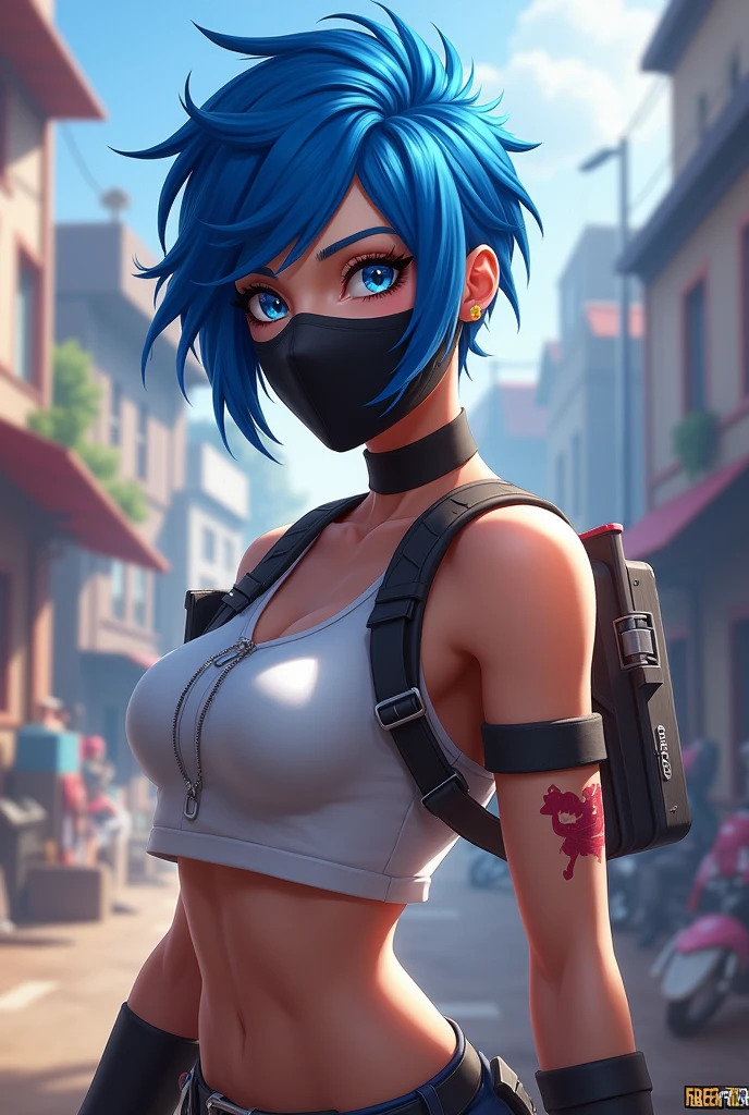 Free Fire game character blue hair black mask white women's tank top
