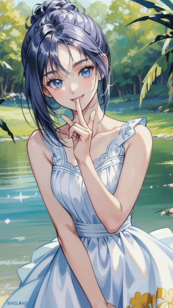 ((masterpiece, Best Quality, Best Quality)),((1 person)),Highly detailed face、Highly detailed eyes、Highly detailed skin、Highly detailed fingers、Highly detailed nose、Highly detailed mouth、Anatomically Perfect Fingers、Anatomically perfect arm、Detailed Background,((A happy smile)),((Sounds fun!)),(Lakeside),(White dress),(sexy),(Exposed shoulders),(Summer sunshine),(Dynamic)