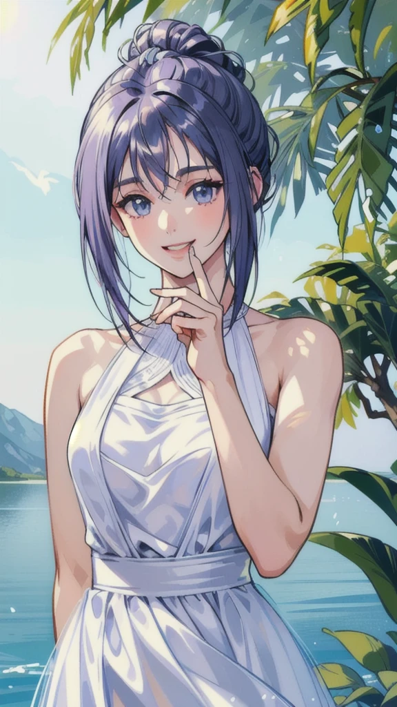 ((masterpiece, Best Quality, Best Quality)),((1 person)),Highly detailed face、Highly detailed eyes、Highly detailed skin、Highly detailed fingers、Highly detailed nose、Highly detailed mouth、Anatomically Perfect Fingers、Anatomically perfect arm、Detailed Background,((A happy smile)),((Sounds fun!)),(Lakeside),(White dress),(sexy),(Exposed shoulders),(Summer sunshine),(Dynamic)