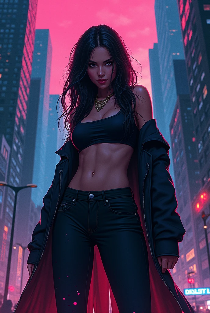 "A towering Giantess in a cool and laid-back hippie style is rocking a crop top and baggy pants. Her toned and athletic build hints at her massive strength. She seems to be casually strolling through the bustling cityscape of GTS City, as towering buildings loom overhead. Smoke and clouds roil around her, adding to the sense of epic scale and drama. The lighting is dark, gloomy, and realistic, creating a tense and ominous atmosphere. The perspective is from below, emphasizing the sheer majesty and power of the Giantess." --auto --s2
