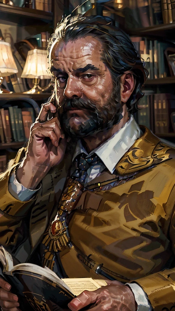 Contemporary painting、semi-abstract painting A touch of impressionism, "A close-up of the British Royal Advisor sitting in a library, with warm lighting that emphasizes the details of his face and a book in his hand. Warm colors such as gold and brown are used to highlight the royal atmosphere. The background is dark and blurred, which increases the focus on the Advisor and the details of his expression." Camera Angle: "A camera at eye level, a close-up angle that focuses on the Royal Advisor's face while reading a book, with lighting that highlights the details of his face."
