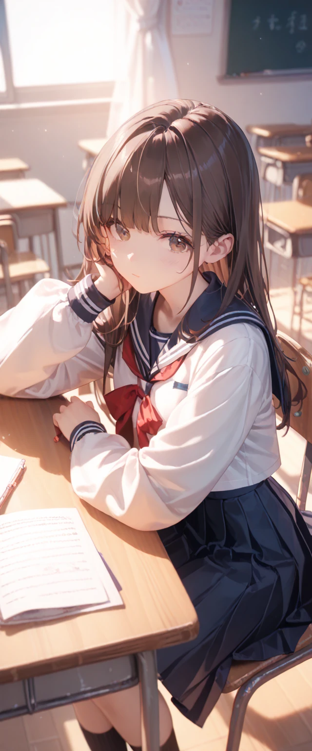 ((masterpiece, )),Best aesthetics,1 Girl, School Uniform, table, sit, school table, Brown hair, classroom, Long hair, indoor, chair, Looking at the audience, Focus only, Brown eyes, skirt, Long sleeve, skirt, Sailor collar, Bangs, Headrest, bag