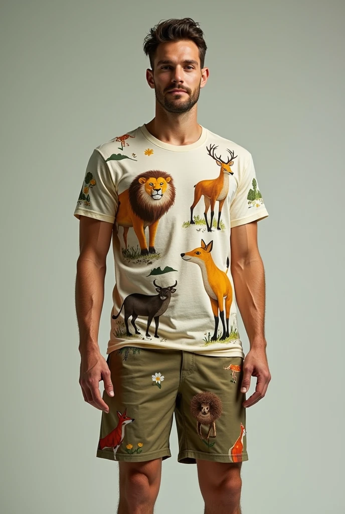 Yellow T-shirt with sunset gradient and shadow of different animals simple