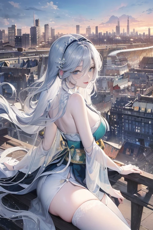Official Art, Masterpiece, Sharp Focus, (Beautiful Gorgeous Cute Chinese Woman: 1.3), (Beautiful and Cute Chinese: 1.3), Chinese Beauty, Delicately Beautiful Hair and Eyes and Face, Realistic, Super Detailed, Beautiful Girl, Blue Sky, Glowing White Particles, (Sidelighting: 1.2), Sunlight, White Clouds, Delicate Clouds, Slender, Cute Big Breasts Big Buttocks, Toothy Laugh, ((Laughing with Eyes Open)), Landscape, Long Straight Hair, Sexy Facial Expressions, Architecture, ( Cityscape:1.7), Dynamic Hair, Long Straight Hair, Delicate Gilt Golden, Glowing Heterochromic Eyes, (Bikini,Tong), White Stockings, Pale Skin, Hair Accessory, Epic Landscape,