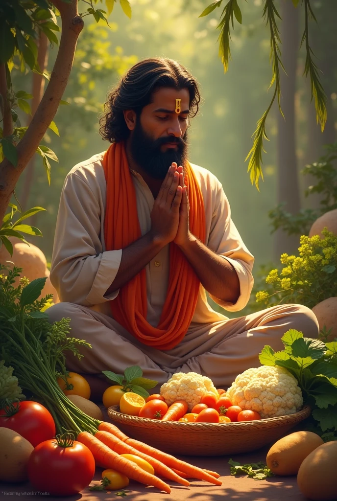 Create an image illustrating the principles from the ancient text Manusmriti, focusing on dietary and ethical guidelines. The image should show a person in traditional Indian attire sitting in a peaceful, simple setting, enjoying a sattvic meal that includes fresh fruits, vegetables, grains, and pure water. The background could depict a serene natural environment, such as a garden or a small, humble home, symbolizing simplicity and purity. Additionally, include subtle elements that represent honesty, respect, and moral conduct, like symbols of balance and harmony, to convey the importance of living a balanced and ethical life according to Manusmriti.