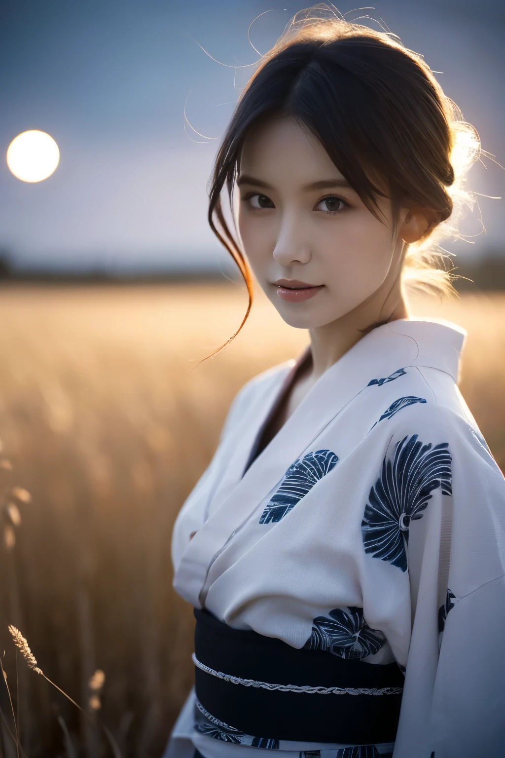 1 girl, (She is wearing a cute yukata:1.2), Very beautiful Japanese idol portraits, 
(RAW Photos, Best Quality), (Realistic, Realistic:1.4), (masterpiece), 
Very delicate and beautiful, Very detailed, 2k wallpaper, wonderful, finely, Very detailed CG Unity 8K wallpaper, Very detailed, High resolution, Soft Light, 
Beautiful detailed girl, Very detailed目と顔, A beautiful and sophisticated nose, Beautiful and beautiful eyes, Cinema Lighting, 
(Standing in a silver grass field on a moonlit night:1.3), (Big Moon), (月明かりに浮かぶ少女のwhole bodyのシルエット), (Dark screen:1.5), 
(Medium Hair), (Hair blowing in the wind), (whole body), 
Complete Anatomy, Slender body, Small breasts