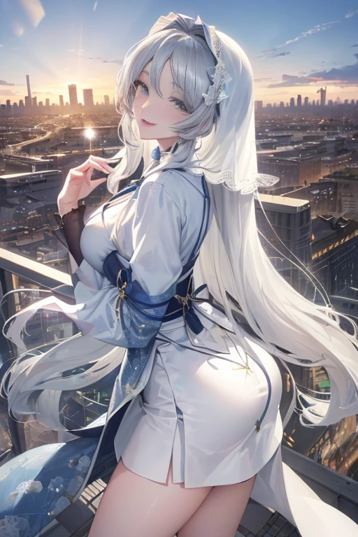 official art, masterpiece, Sharp focus, (Beautiful, gorgeous and cute Korean woman:1.3), (beautiful and cute korean:1.3), Korean beauty, Exquisite and beautiful hair、Eyes and face, Practical, Ultra Detailed, beautiful girl, Blue sky, Glowing white particles, (Side Light:1.2), Sunlight, Baiyun, Detailed clouds, slim, Very cute big and big butt, Smile with teeth bared, ((Smile with your eyes, Open your eyes)), landscape, Long and straight hair, Sexy facial expressions, architecture, (city View:1.7), Dynamic Hair, very Long and straight hair, Delicate platinum silver hair, Green eyes, Pink skirt, Black socks, Pale skin, Hair accessories, epic landscape,,White high heels,Nice butt,Beautiful buttocks,Nothing under the skirt,Weight loss