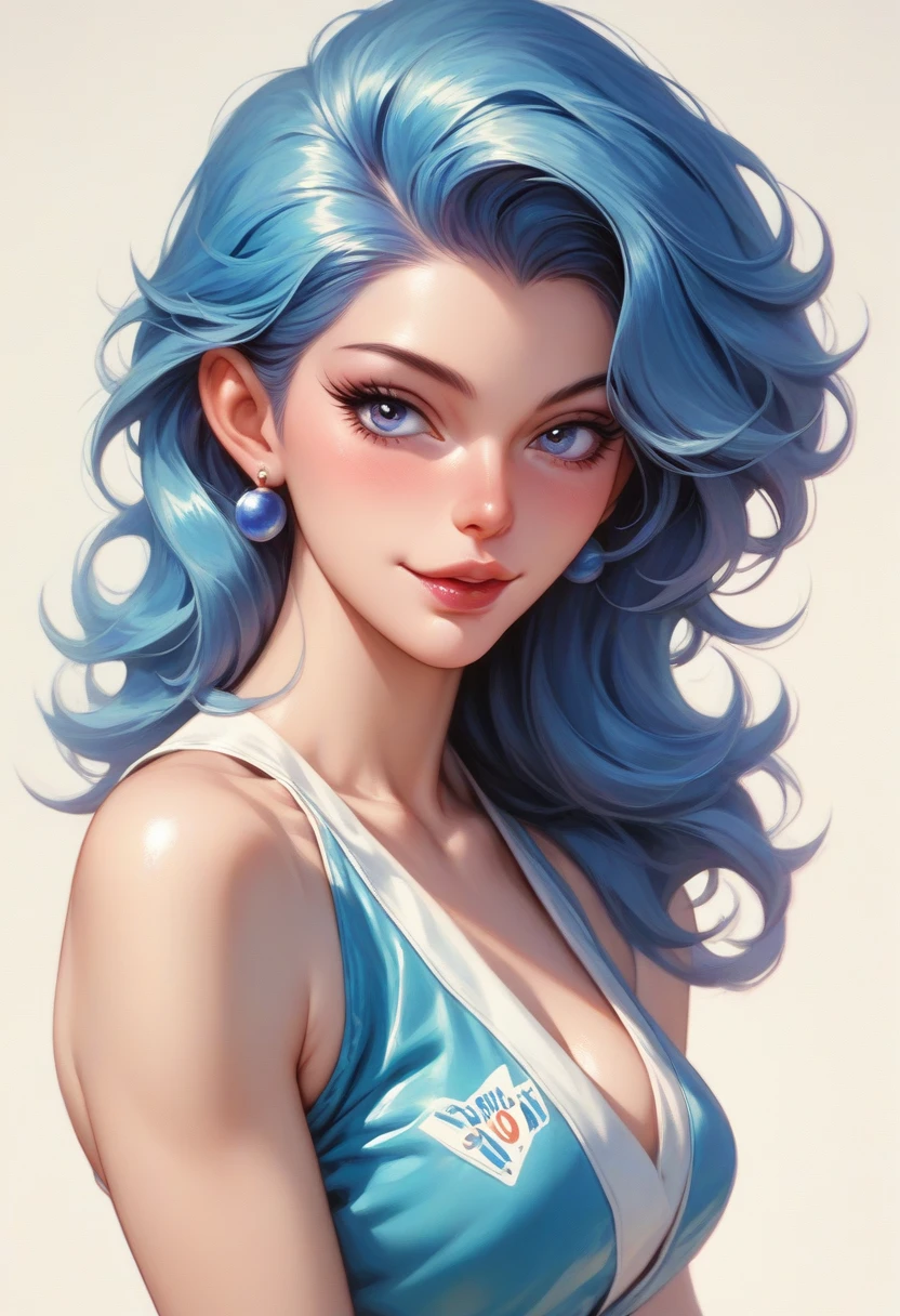 retro anime style, pinup girl, ears, long blue hair, juicy graphic design style, sexy, submissive, blue and purple color palette

