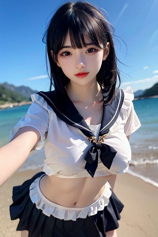 Best Quality, RAW Photos, Photorealistic, Face, Incredibly ridiculous beautiful girl, Cute, Long hair, depth of fields, High resolution, Ultra Detail, detail, Very detailed, extremely detailed eye and face, Sharp pupils, Realistic pupils, Sharp Focus, Cinematic lighting, Flat breasts, Small breasts, Small,( Small bust: 1.2), Small bust, (slim, Small, Flat, Small), slender, Delicate and sexy collarbone, (a sailor suit:1.2), (Lifting a sailor suit to show off a small white bra:1.5)))、