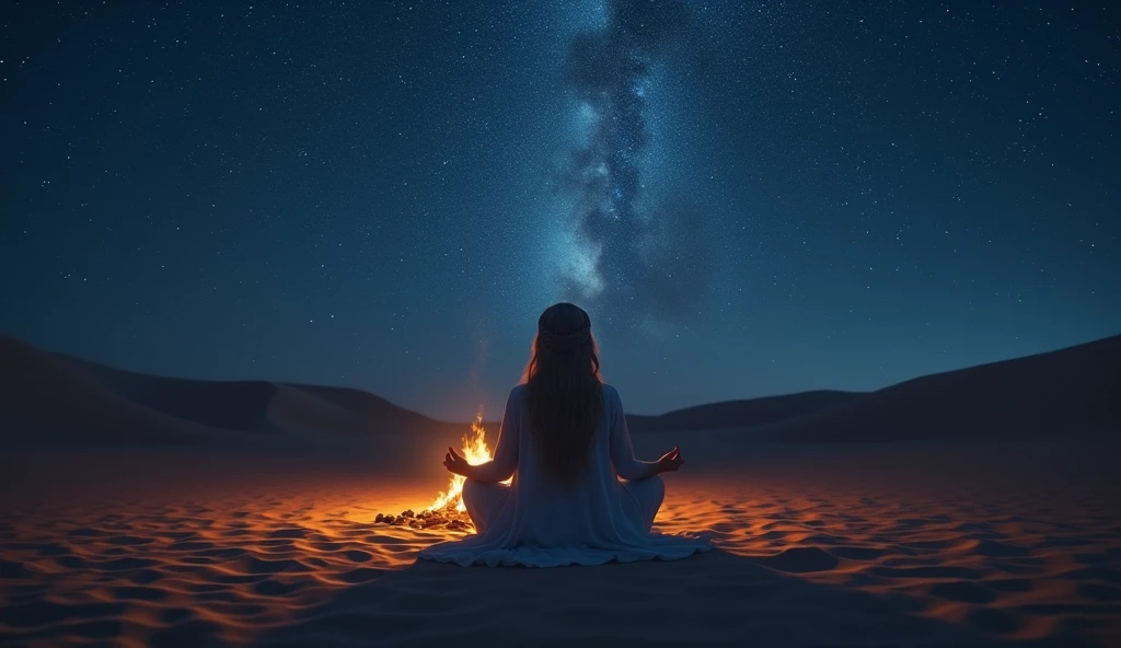 mulher de cabelos pretos, 1,60 de altura. sitting meditating in the desert in front of a pyramid with the starry sky and a comet passing in the sky
