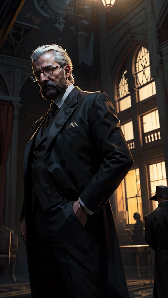 An artistic shot of a British crime investigator standing in a royal palace, surrounded by a rich but dark décor. The investigator wears a dark suit and maintains a serious expression, highlighting his face with subtle details such as his beard or glasses. The lighting is focused on the investigator, with warm colors and gray tones to enhance the mysterious atmosphere. The palace background includes dim details of royal furniture and heavy curtains, creating a contrast with the light that shines on the investigator.

Camera Angle: "Front-angle camera, lighting focuses on the investigator and highlights the details of his face and clothing. The background is dark and opaque, highlighting the investigator and creating an atmosphere of mystery."

Colors and Lighting:
Colors: Warm tones such as sepia and gray to highlight the investigator, with a dark background that fades from black to gray. Lighting: Side lighting focused on the investigator, with a dark background to enhance the sense of mystery.