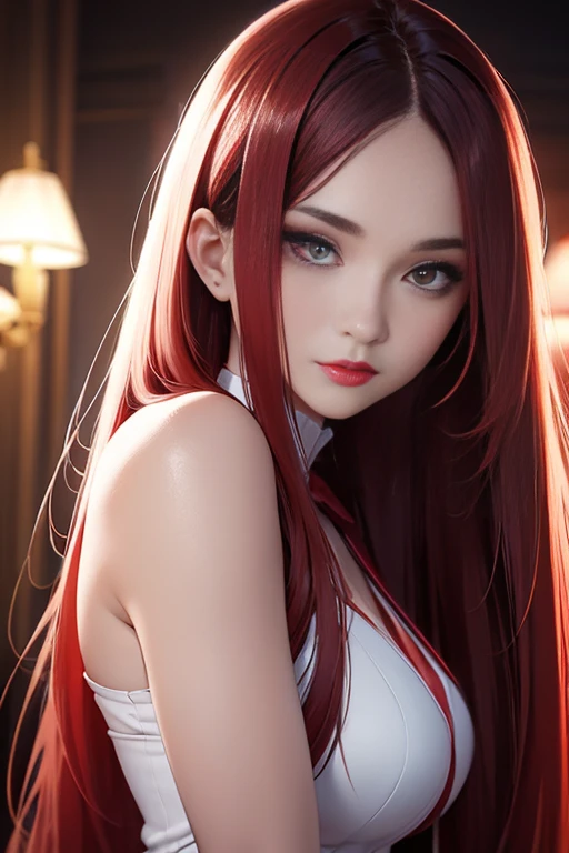 Woman with long straight hair and red lipstick, Ekaterina,  Professional photos, 30-year-old female,Red Hair, Ultra-high resolution, Original photo, Nikon D850, A beautiful, well-balanced face、Upcoming,  Highly detailed face, Perfect lighting, Kabedon Subjective:1.4、