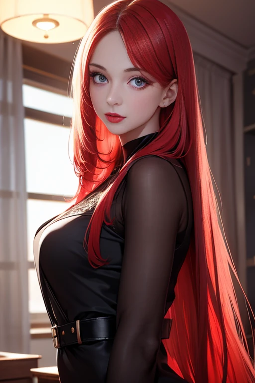 Woman with long straight hair and red lipstick, Ekaterina,  Professional photos, 30-year-old female,Red Hair, Ultra-high resolution, Original photo, Nikon D850, A beautiful, well-balanced face、Upcoming,  Highly detailed face, Perfect lighting, Kabedon Subjective:1.4、