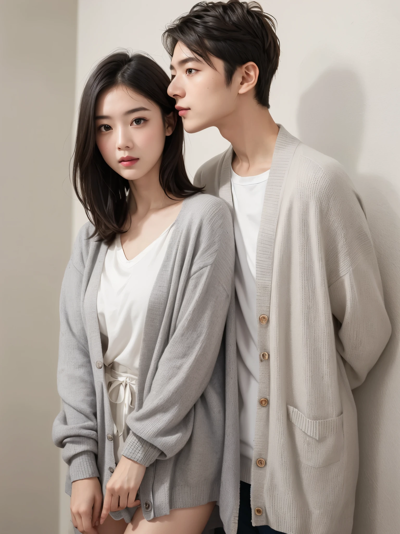 (highest quality, 8k, masterpiece: 1.3), It features an attractive woman with healthy, sexy, tanned skin and a man with a great, toned body.。The two of them are wearing white knitwear and drinking coffee.。She was wearing short pants and fluffy socks.、The man is wearing long trousers。Beautiful and perfect face。They are sitting on the sofa and talking amicably.。