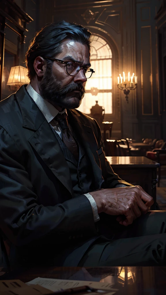 An artistic shot of a detective sitting on a luxurious chair in a royal palace. The detective is wearing a dark suit, and his expression is serious and focused, with subtle details such as his beard or glasses. The lighting focuses on his face and highlights his details with a warm touch. The background is dark, containing royal furniture with heavy curtains, adding to the mysterious atmosphere. The colors of the image include warm tones such as dark brown and gray, with a strong contrast between the detective and the background.

Camera Angle: "A camera from a slightly tilted front angle, the lighting focuses on the detective and part of the luxurious chair. The background is dark and opaque, to highlight the detective and create an atmosphere of mystery."

Colors and Lighting:
Colors: Warm tones such as dark brown and gray to highlight the detective, with a dark background that graduates from black to gray. Lighting: Warm, focused side lighting on the detective's face, with dim lighting in the background to enhance the sense of mystery.