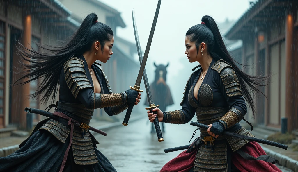 Two beautiful samurai warriors in traditional armor engaged in an intense sword fight. The warriors are poised mid-action, each holding katanas, their armor reflecting the soft light. The setting is an old Japanese town with wooden buildings on either side, and a horse stands in the background watching the duel. The scene is dramatic, with splashes of water and a misty, atmospheric lighting adding tension to the moment. two beautiful japanese woman, wearing samurai armor with open chest, black hair loose, big breast size 4, raining, inflamation