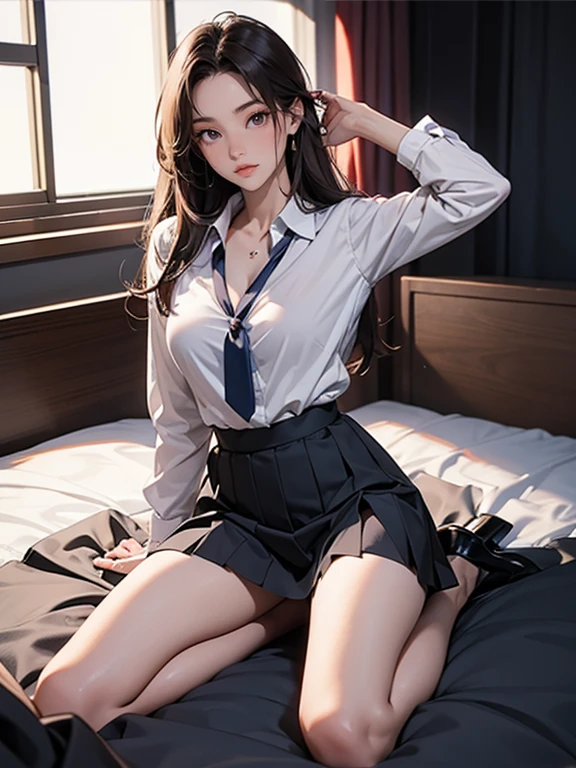 Highest quality、Complete limbs、Full Finger、Cool and beautiful woman,Mole under the eye、length, length, Upturned eyes、Sweat、Slender beauty、Straight Long Hair、behind。。Brown Hair、Front hair falls out。with legs wide open,、Legs wide open。パンティーがappear。（On the bed、[Lying down。school uniform、shirt、Ribbon tie、Her bra is open、appear。Checkered pleated mini skirt very thin))、Cleavage、Black Pantyhose、(Room with a night view of the city)、（Attractive body）、（women are、blush、It&#39;s like her&#39;Crying face、）Shiny Hair, Brown Hair, Bangs between the eyes, 