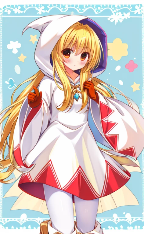 Beautiful long blonde　Cowboy Shot　WhiteMageFFT　 white mage, hood, Robe, (long Robe, knee-length Robe), gloves, pantyhose, boots,