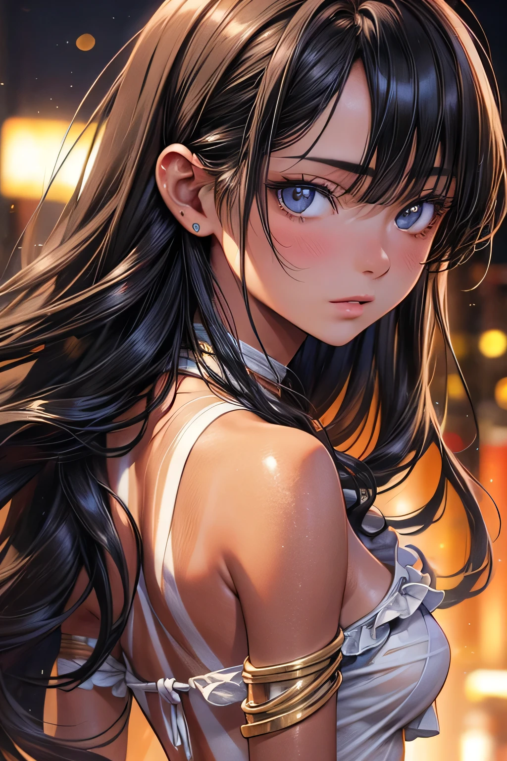 beautiful anime girl with long black hair, Blue eyes, pointed ears, timid expression, , outdoors, Coast, swimtan, one-piece tan, tanline, tan, bikini, full body, from the back, life, swimsuit tan, focus on the butt, beautiful eyes, lorai, (High quality,4K,8 K,High resolution,masterpiece:1.2),super detailed,(realistic,photorealistic,photo-realistic:1.37),complex details, extremely detailed face and eyes, soft lighting, warm color palette, cinematic composition