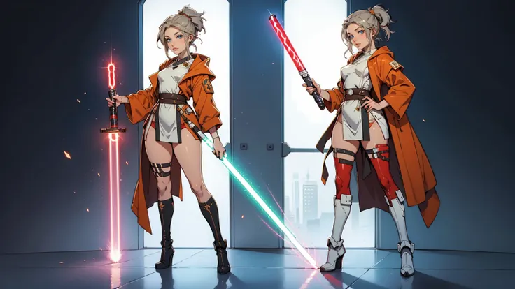 sexy girl jedi, standing with lightsabers in both hands, little clothing, full body.