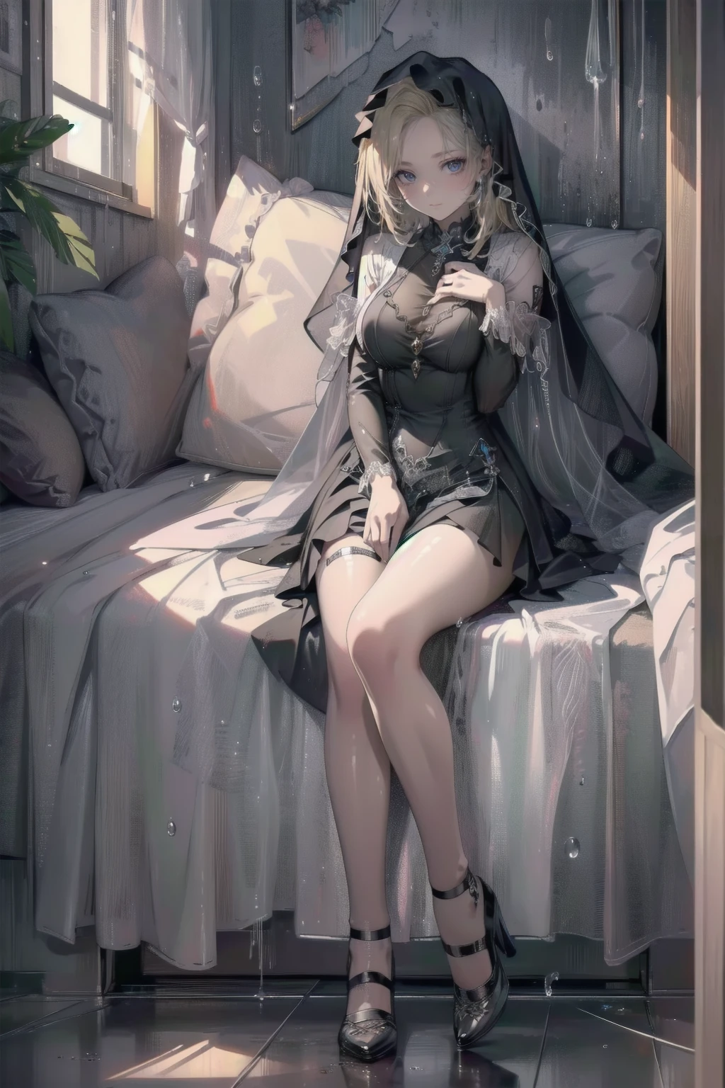 Realistic,(whole body, Legs and shoes are visible: 1.2),.(Best Quality,4K,High resolution,masterpiece:1.2),Very detailed,ゴムパフスリーブSisters衣装　Gold Rosary　Interior background of the church　Stained Glass　Broken and dirty bed　A lot of sweat is running down my forehead　sunset　Orange Room,　 Excessive facial sweating,cold sweat,Sweat dripping from the forehead,　Drooling,　　Trash is scattered everywhere,　very dirty bed, 　 Iの体はraindropいる　The whole body is sticky with mucus threads　anime　Vinyl Sister Black Veil　Nuns　光沢のある黒いSistersの衣装　Blonde long hair　土砂降りのraindrop　Extra long black rubber gloves　cute　Pathetic　Clear　Droopy eyes　I&#39;anxiety　Please open your mouth a little and smile.　Pale pink lipstick　Shiny black rubber riding suit　　粘液がwhole bodyにまとわりつく　Wet lips　whole bodyから汗が噴出　Threads of saliva entangled throughout the body.　Sisters&#39;is shiny with lotion　Embarrassing　Red cheeks　whole body汗だく　Embarrassing　Big breasts that can tear clothes　Very large breasts　Extremely enlarged breasts　Huge breast swelling　Looking at the camera　university student　Year: 20　Illustrated style　anime風　Frowning　beautiful girl　Pink cheeks　Blonde long hair　Super Curly Hair　Super long sideburns　Black rubber long socks that reach down to the crotch　raindrop　濡れて透けたExtra long black rubber gloves　Shocking Pink Rouge　Especially long black rubber boots　whole bodyが油まみれ、Has a glossy appearance.　whole bodyから蒸気が出る　A mist of steam floats throughout the room...　White breath from the mouth
