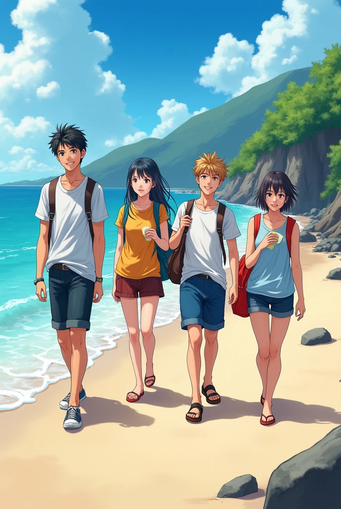 anime episode still shot of four teenage 2 boys and 2 girls playing in the river, they are having fun, wearing summer outfit, in the style of shonen anime, rough-edged 2d animation, vibrant color, lit ??? --niji 5 --ar 3:2...Hawaii, gta vice style , illustration , reteo comic illustration moody, melancholic, vibrant color, detailed, akira --ar 16-9 --niji 6