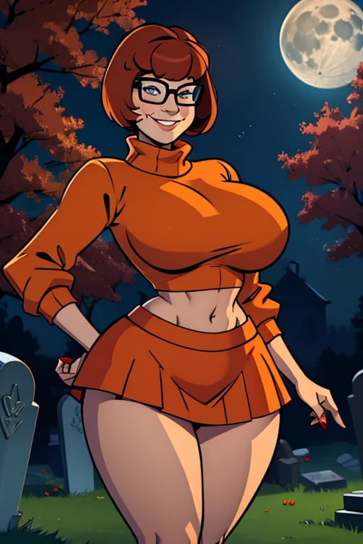 Tan skin huge breasts black short cut hair glasses blue tight shirt sexy female halloween setting