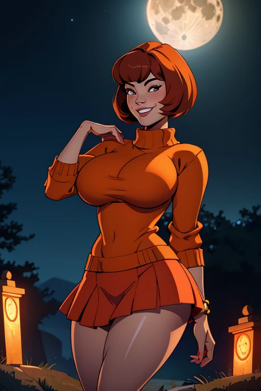 realistic detailed portrait of Velma, 1girl, big breasts, orange sweater, red mini skirt, beautiful detailed smile, cute bob haircut, night scene, full moon, detailed graveyard background, dramatic lighting, cinematic, hyperrealistic, 8k, photorealistic