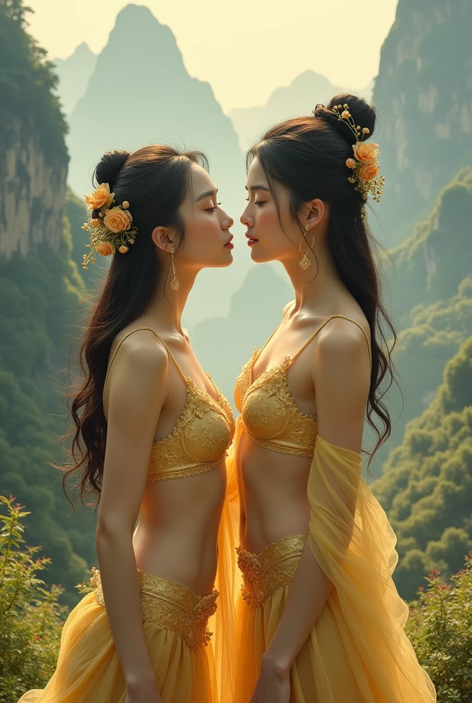 ((Realistic:2)), ((Three nude asian girls re kissing while resting by a lake )). ,((cute)),((wearing Golden Necklaces, wearing golden earrings)),((, sweaty bodies))