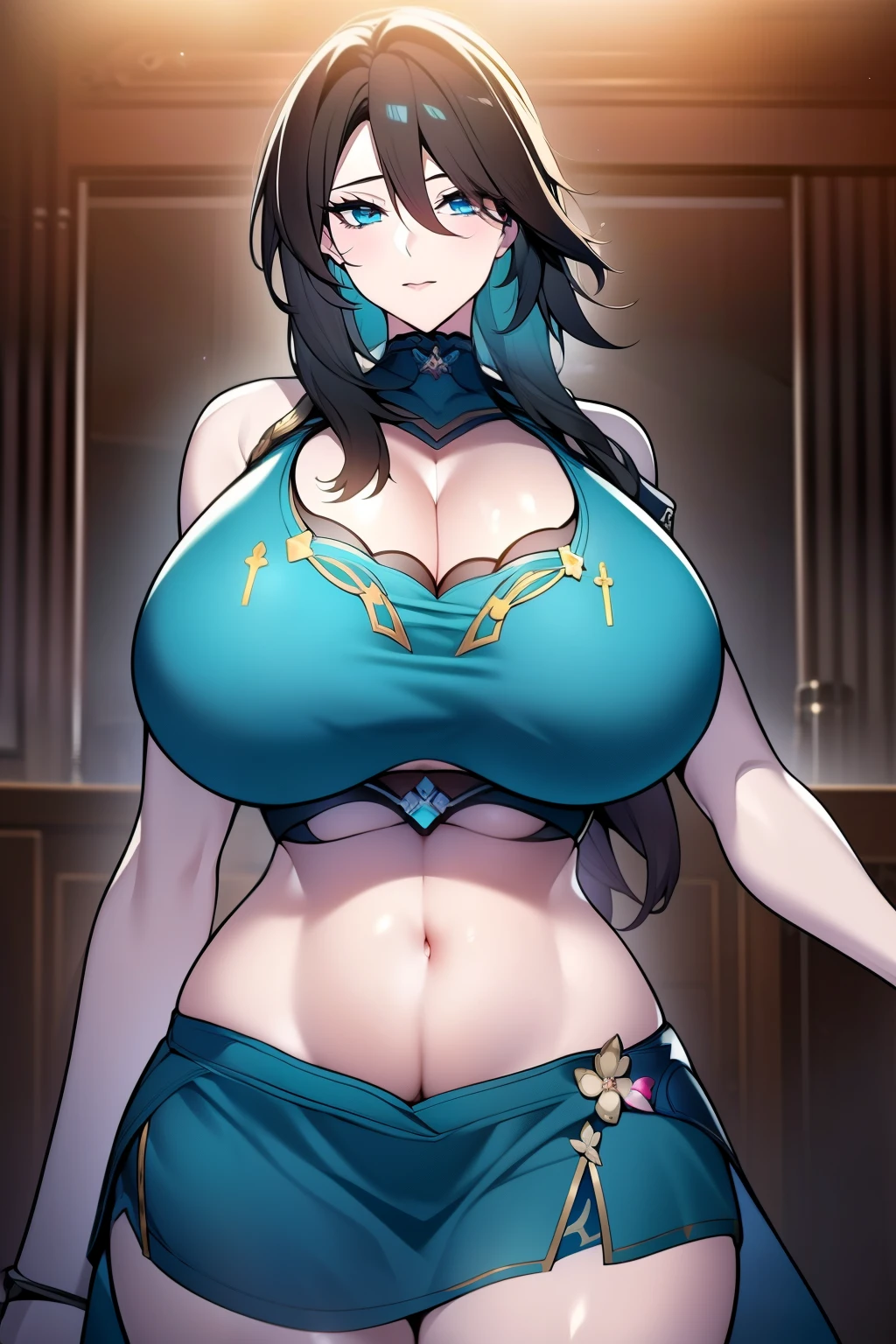 An anime-style artwork depicting ruan mei from the game Honkai star rail.

Tags: ruan mei, anime, detailed eyes, detailed lips, (Black hair, bright blue eyes, (crop-top:1.4),turtleneck, miniskirt, smiling expression, intense gaze, dynamic pose, , vibrant colors, digital art, high-resolution, professional quality, gigantic breasts, cleavage,  curvy, cowboy shot, (gigantic breasts: 1.4), (blue eyes), inside palace,