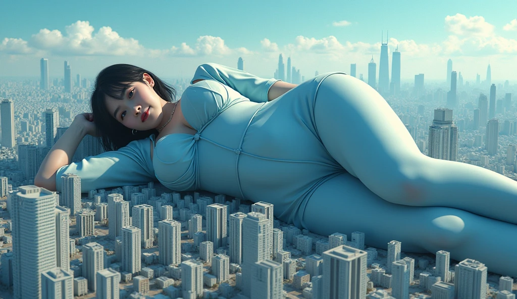 Giantの芸術, 非常に詳細なGiantショット, Giant, short hair, black pantyhose, A giant princess much bigger than a skyscraper, wearing rimless glasses, big breasts, big ass, White luxury dress, white pantyhose, white high heels, very small metropolis, miniature metropolis, full body description, GTS, ギガGiant, Stomping City, crash city, Small town, micro city, shine,