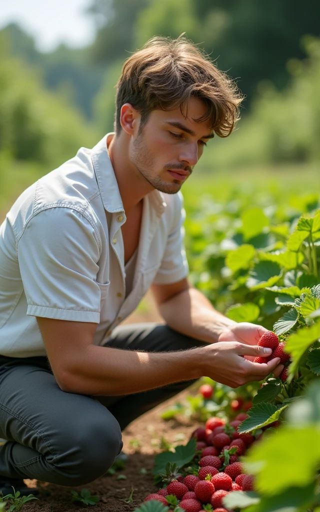 Young handsome cute white skinny soft skinny beautiful face shirtless in a strawberry garden with a basket