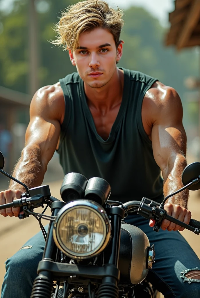 a 16 year old boy on a motorcycle a beautiful black motorcycle, with a black t-shirt and a beautiful smile like from a dark American romance, He is white, very white, with blue eyes and blond, muscular, very muscular, strong, muscular legs, with muscular arms