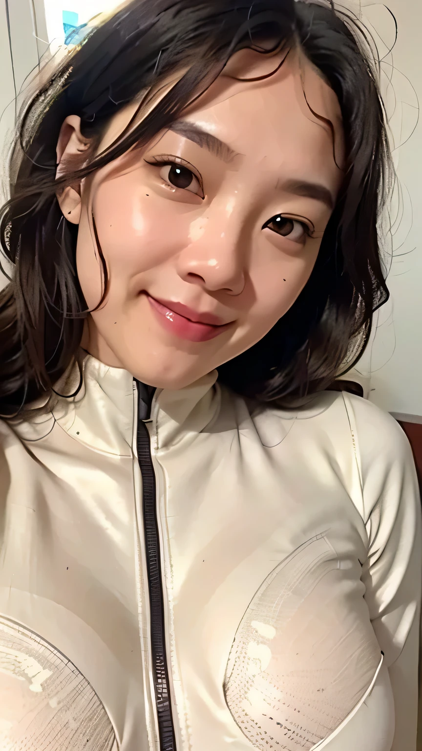 1girl, solo, (best quality, 8k, highres, masterpiece:1.2), ultra-detailed, realistic, photorealistic:1.37, cute girl with extremely detailed features, 2,, blushing, full-body, (seducing smile:1.2). (light-skin-colored catsuit:1.8), (wavy-long-hair:1.8), ((close-up)), (huge breasts), (black pupils:1.4), smiling brightly, happy, detailed hair texture, (black hair:1.5),