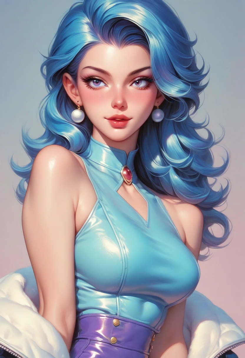 retro anime style, pinup girl, ears, long blue hair, juicy graphic design style, sexy, submissive, blue and purple color palette

