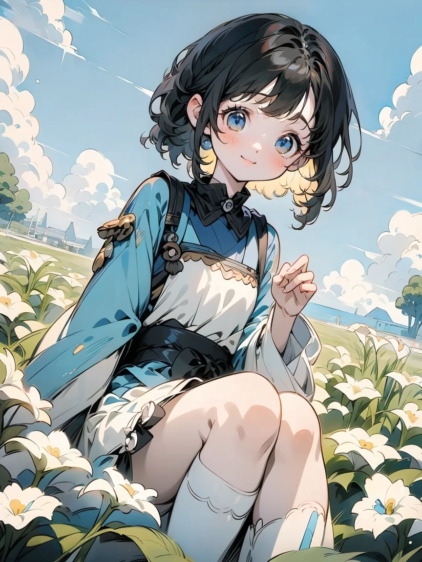 (masterpiece), (The best), (Super detailed),(The best shadow:0.4), (最佳illustration), anime style，illustration, fine details, 1 girl, alone, (Shioi:1.5), (Shioichan:1.5), flowers，blue sky, Baiyun, Sunlight, White Skirt, (fine detailsed iris), Smile