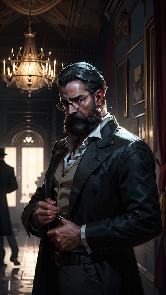 "A shot of a confident detective in a royal palace, where he is in a luxurious setting but the police station is dressed in darkness and maintains a serious expression, highlighting the face with subtle details such as the beard or glasses. Including the palace background includes dim details of the royal furniture and heavy curtains, creating a contrast with the light that is shining on the detective." Camera: "The camera is from the front angle, highlighting the detectives and highlighting the details of his face and clothes. The background is basic and blurred, to highlight the detectives and convey an atmosphere of mystery." Colors and lighting: Colors: Pure like feather and gray to highlight the elegant light on the detective, with soft eye shadows that graduate from black to gray. Lighting: Central backlighting on the detectives, with a strong background to enhance the sense of mystery.
