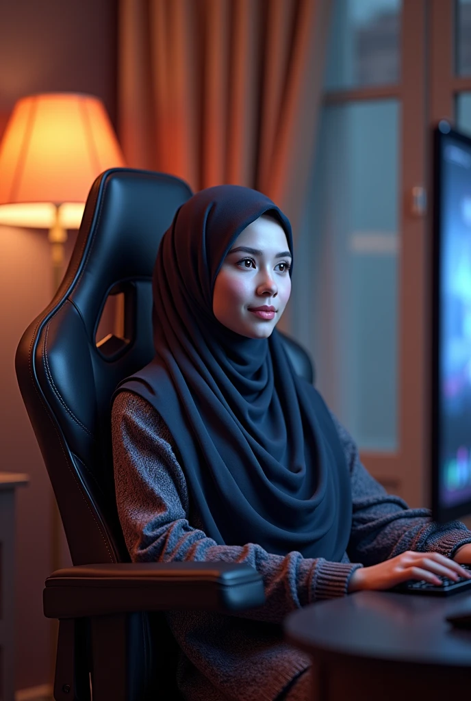 An Islamic women sitting in gaming chair wearing islamic dress and face face is my side eye contact with Audience in front table leptop and Mobile lighting room background in gray wall writing "Miraib Styles" White colour Yellow neown glow
