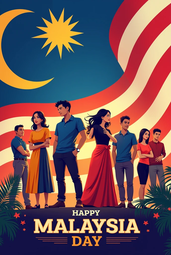 poster, Malaysia, independence day, 67 years celebration, shows unity of people in different races, anime style, with slogan " 67 Tahun Kemerdekaan" .