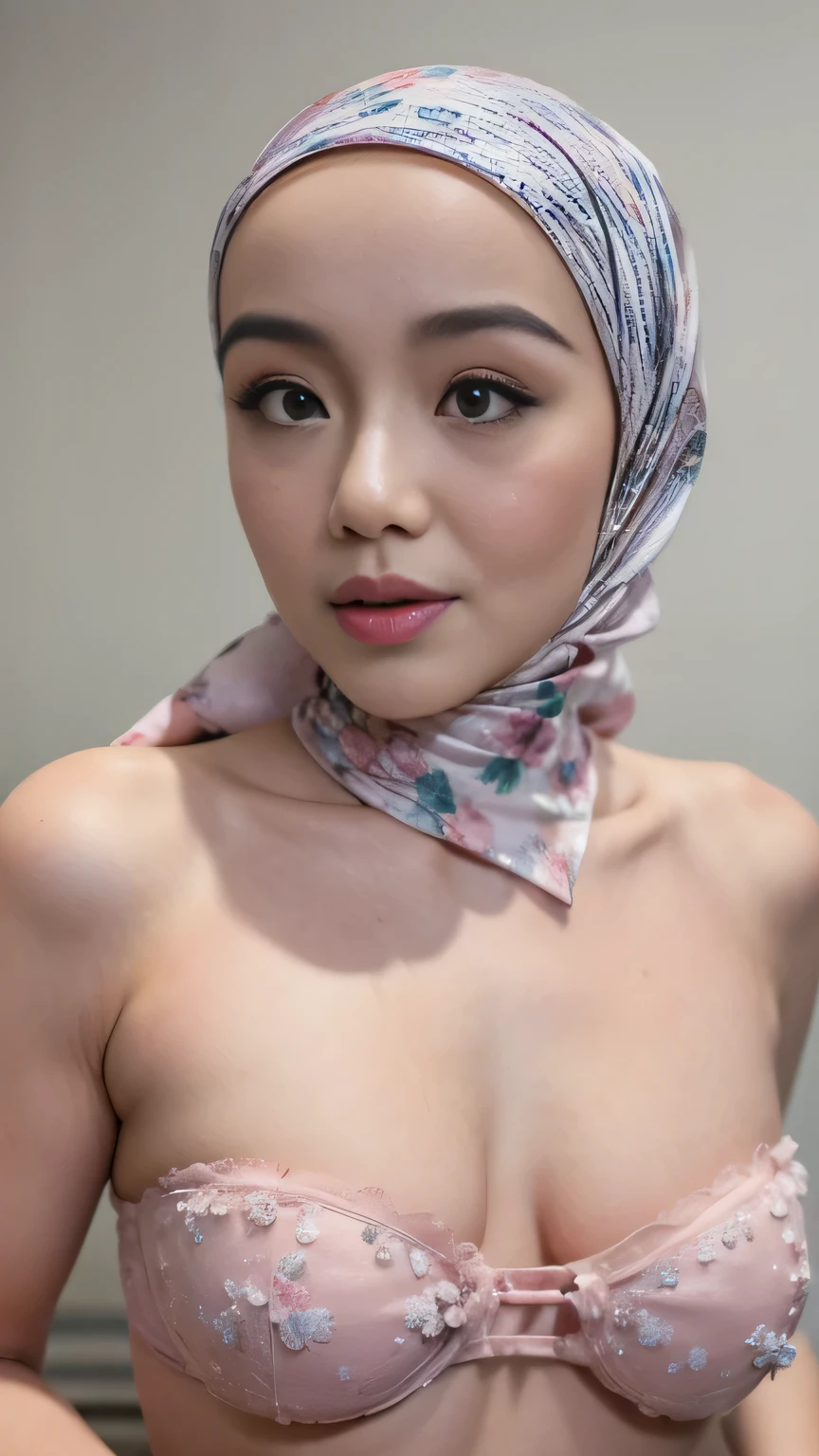 portrait of a malay woman covered in cloud of smoke, whirlwind, pink highlight colors, pink make-up, hints of pastel, misty, seductive, sultry, breathtaking, oil painting style, artistic, aesthetic modern art, shining bright pink backdrop, show breast 