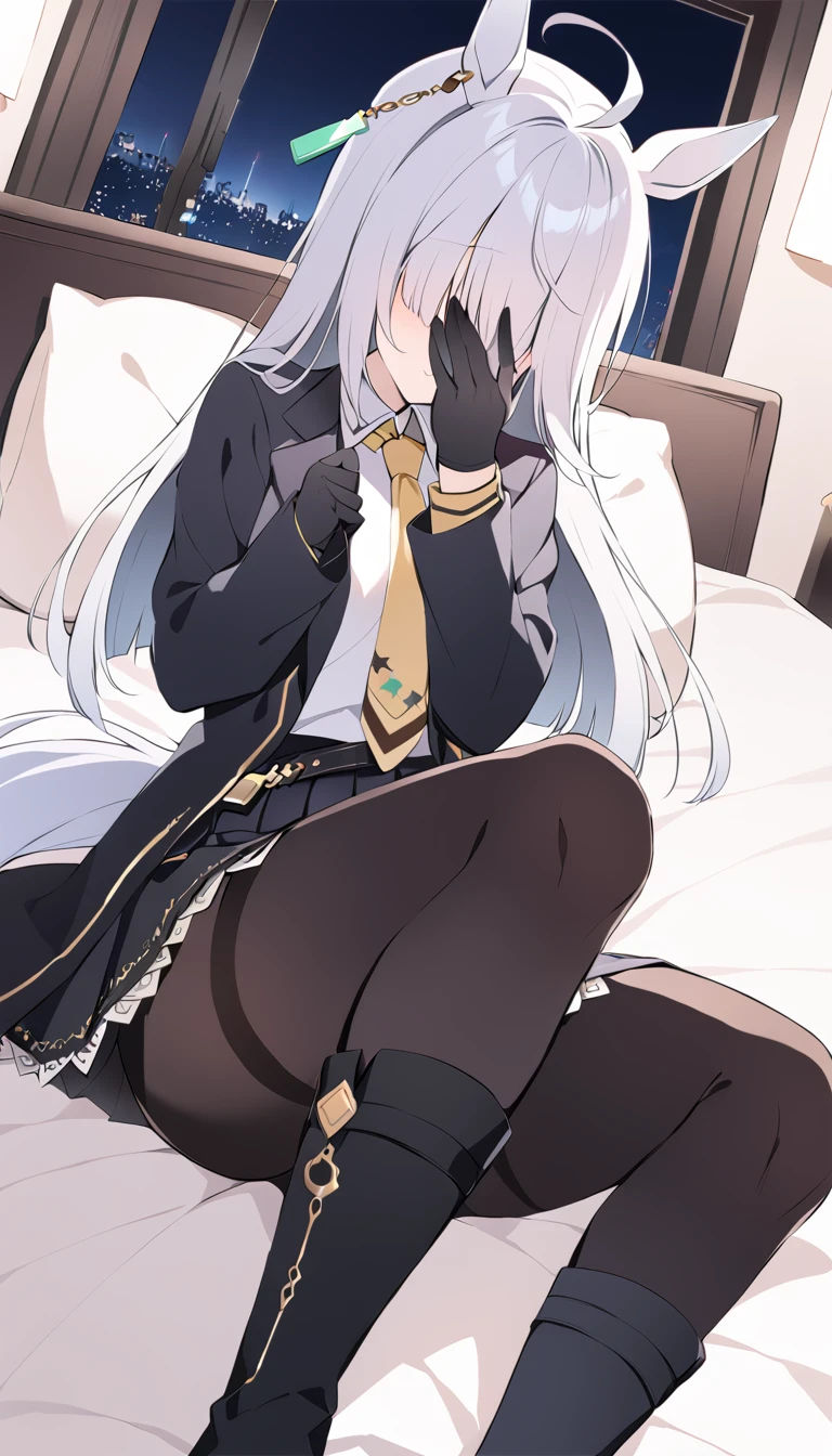 ((full body)),masterpiece, Best Quality, Cover your eyes with one hand，covering eyes,Open your mouth，Blushing，One Girl, Alone, Manhattan Cafe, Expressionless, Ahoge, Black jacket, shirt, tie, Black gloves, skirt, pantyhose, Single earring, Horse tail,Black knee-high boots，Hair between the eyes, Thick thighs，indoor，night，On the bed，