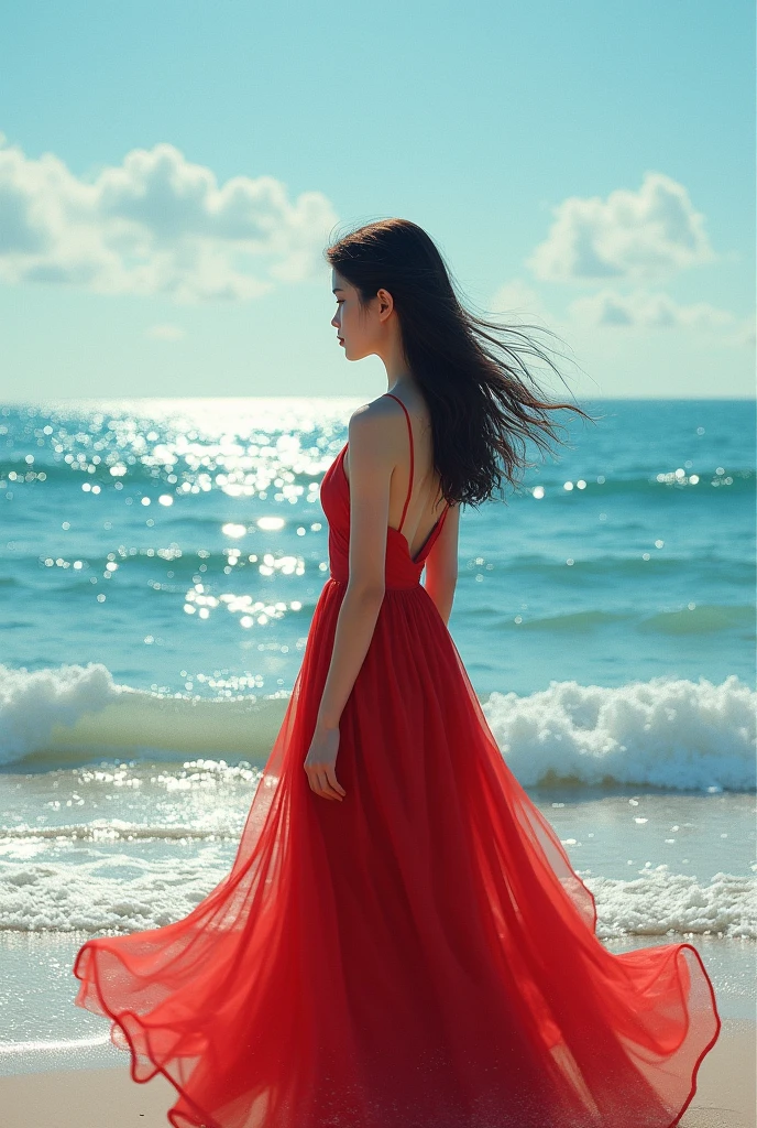 a mermaid, de cabelos pretos, pink syrup that reflects the light, the sea around you, blindfolded but looking like a magical and perfect being, and her full body appear, e a calda dela aparece