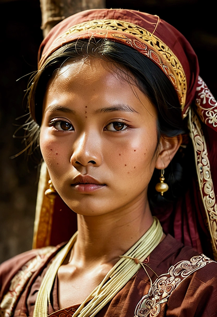 A portrait of a Burmese woman with an oval face shape and round cheeks, large expressive eyes with soft double eyelids, a gentle and modest nose, full lips with a natural reddish tint, and smooth, light to medium brown skin tone,myanmat traditional dress