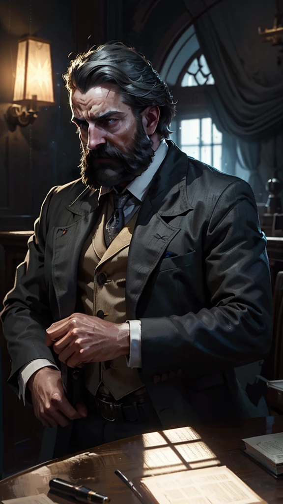 "A shot of a confident detective in a royal palace, where he is in a luxurious setting but the police station is dressed in darkness and maintains a serious expression, highlighting the face with subtle details such as the beard or glasses. Including the palace background includes dim details of the royal furniture and heavy curtains, creating a contrast with the light that is shining on the detective." Camera: "The camera is from the front angle, highlighting the detectives and highlighting the details of his face and clothes. The background is basic and blurred, to highlight the detectives and convey an atmosphere of mystery." Colors and lighting: Colors: Pure like feather and gray to highlight the elegant light on the detective, with soft eye shadows that graduate from black to gray. Lighting: Central backlighting on the detectives, with a strong background to enhance the sense of mystery.
