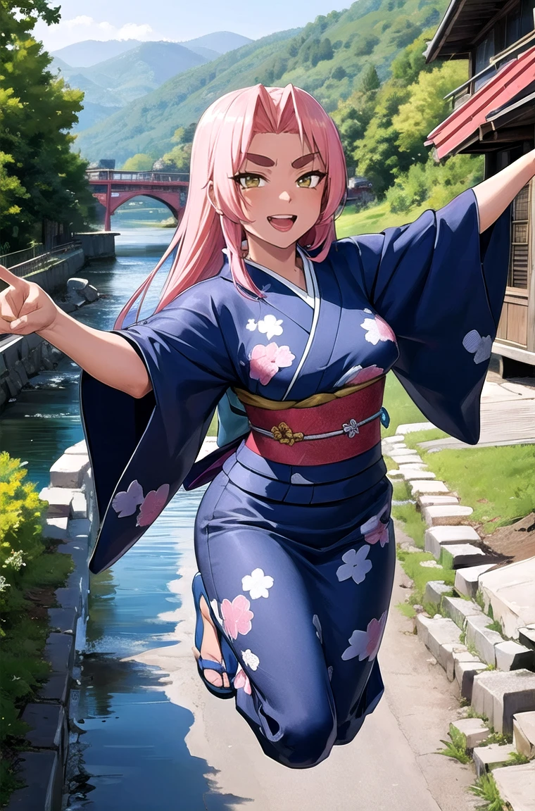 (masterpiece, best quality, detailed), 1girl, solo, looking at viewer, hkingrid, dark skin, purple lipstick,
yukata, kimono, obi, print kimono, japanese clothes, short kimono, outdoors, house, rural, village, scenery, path, river, bridge, jumping, outstretched arms, arms up, midair, smile, open mouth, teeth, v-shaped eyebrows, sloppily dressed, nipple peek, pussy peek,