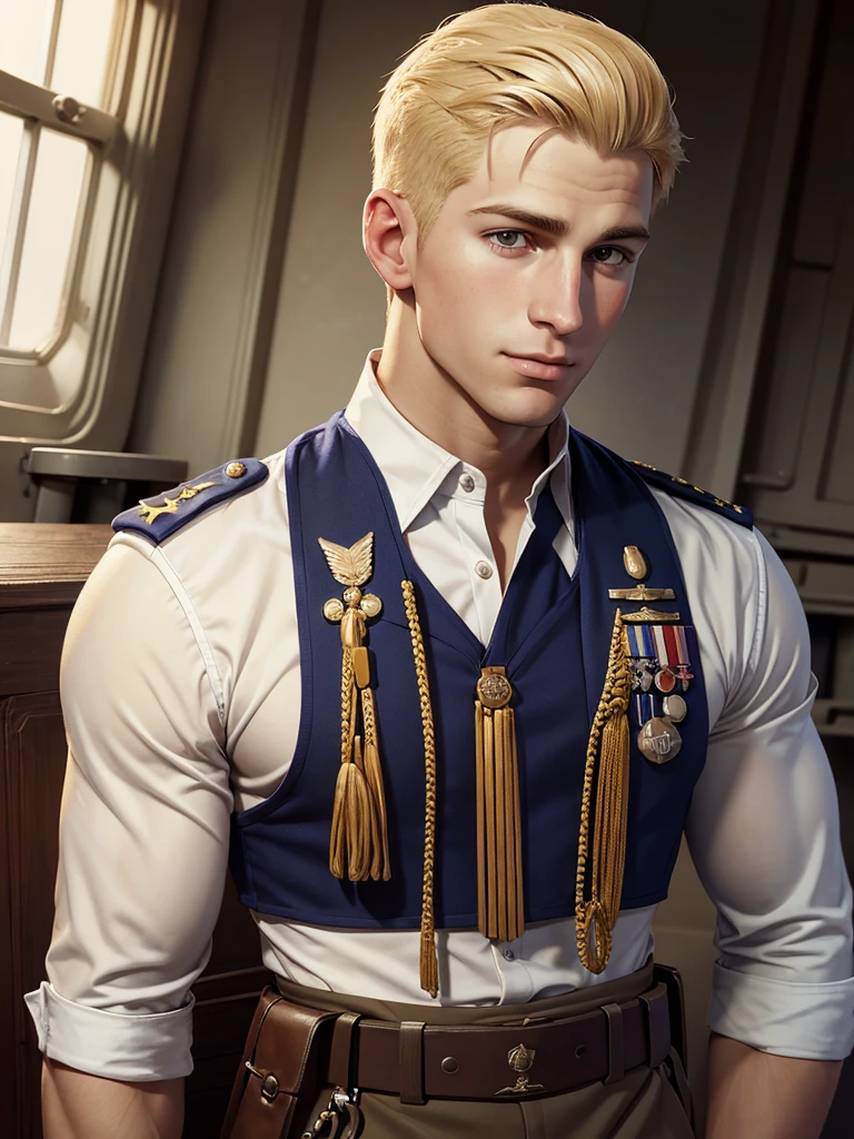 Portrait of handsome young man, 25, blond, muscular, Marine officer in unbuttoned uniform on US Navy battleship in 1942 during World War II.