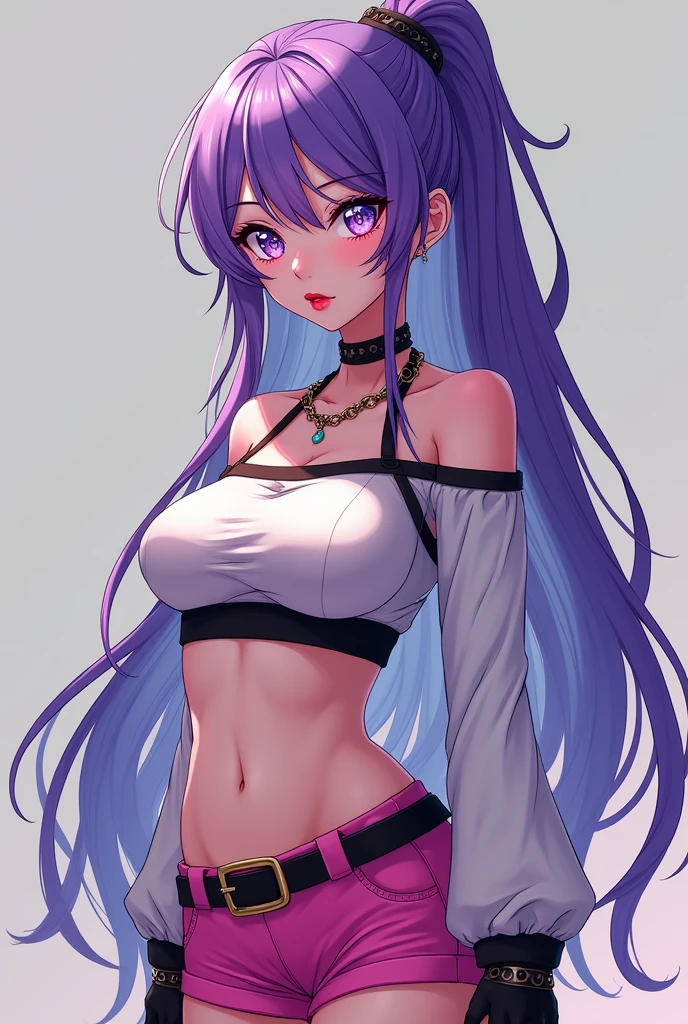 sfw, Girl with long purple hair, Slim, bike shorts, seen from behind, wearing bra,((skinny waist)), young asian girl, ((big breasted)),