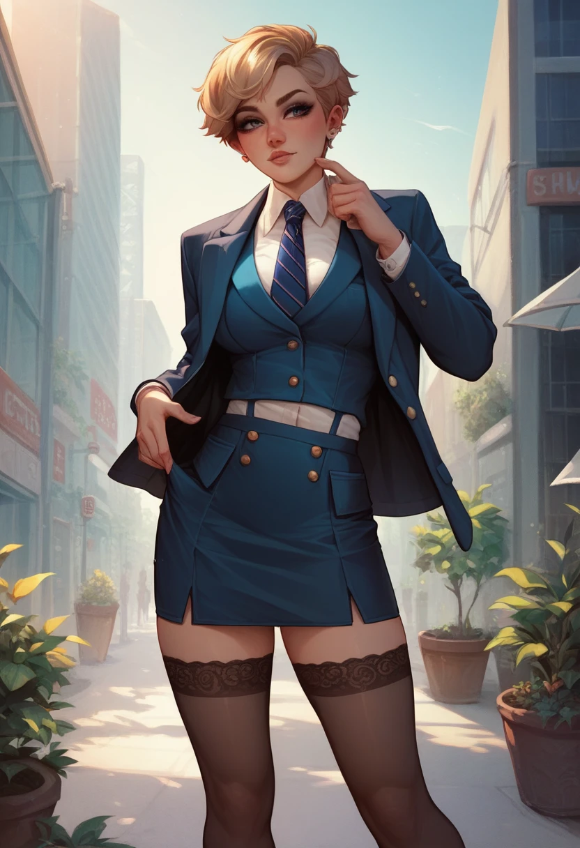 A short haired femboy, skirt suit, three-piece suit, dress shirt, necktie, blazer, suit jacket, waistcoat, double-breasted waistcoat, bodycon miniskirt, stockings, pocket square, cufflinks, 