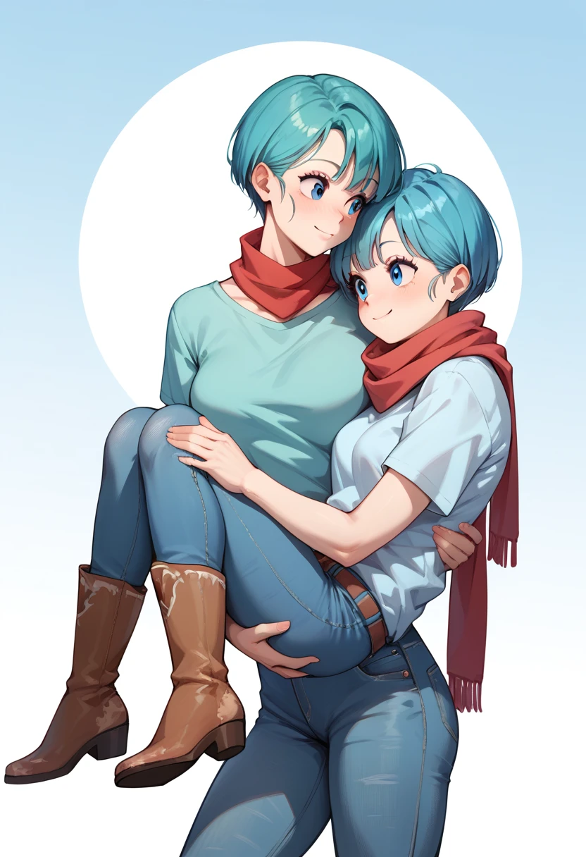 Original style, bulma, short hair, Blue eyes, Blue hairWhite short-sleeved shirt, jeans, red scarf around the neck, Cowboy boots  , being carried on one&#39;s shoulders (on the arms of a man)