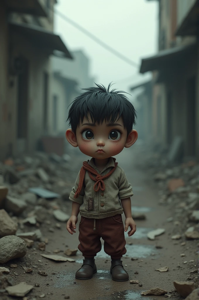 Create an image of a child crying all dirty beggar in 3D with the phrase God Bless You in Portuguese